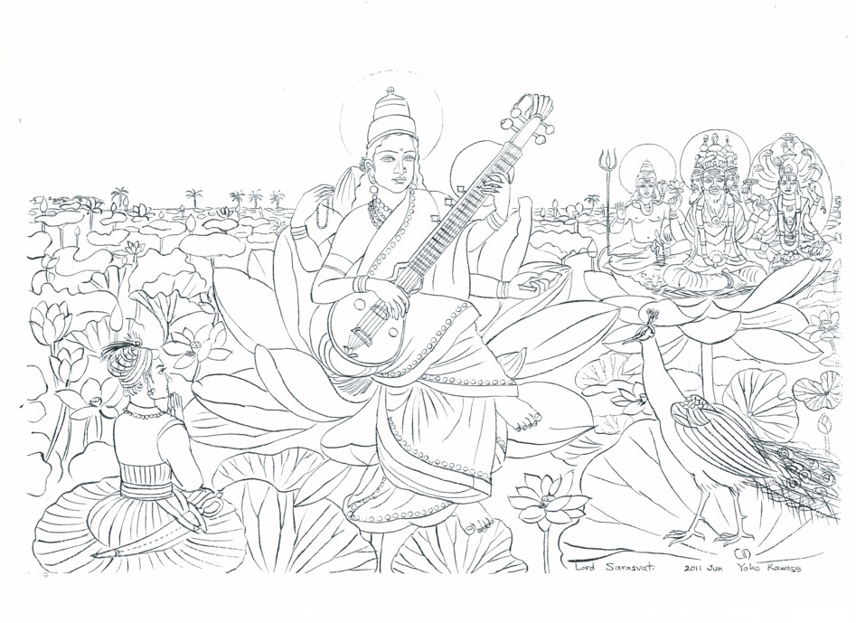 サラスバティ神と、シバ神・ブラフマン神・ビシュヌ神